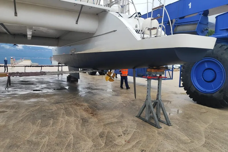 Tahiti Yacht Photos Pics 2015 Fountaine Pajot TAHITI catamaran on dry dock, undergoing maintenance.