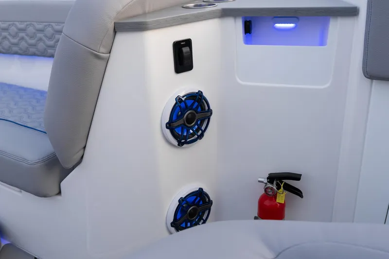  Yacht Photos Pics Interior of 2026 Fountain 38 SCX boat with speakers and fire extinguisher.