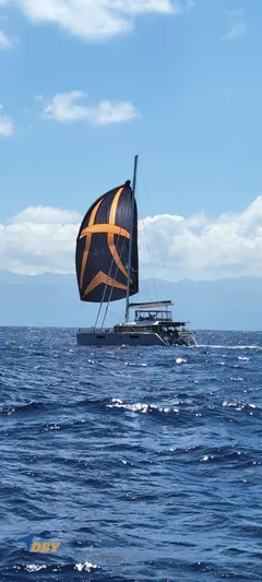 Samadhi Yacht Photos Pics 2019 Lagoon 560 S2 catamaran sailing on open sea with vibrant spinnaker.