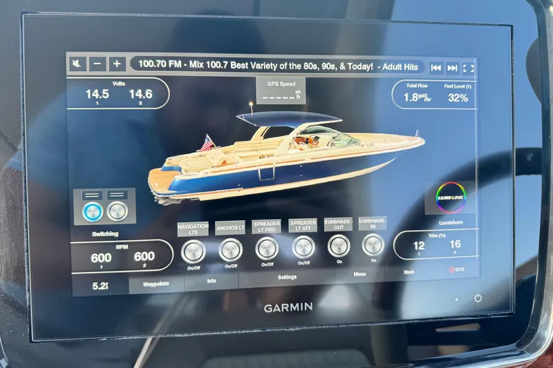  Yacht Photos Pics Garmin display showing 2021 Chris-Craft Launch 31 GT boat controls and navigation settings.