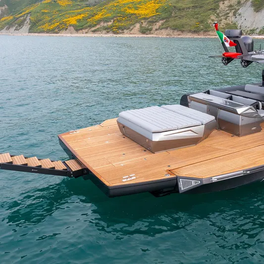 Anvera 58 Yacht Photos Pics Luxury Anvera ANVERA 58 yacht, 2025 model, with spacious deck and scenic coastal backdrop.