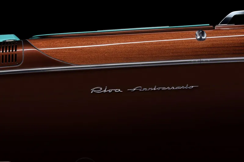 Bacio Yacht Photos Pics 2023 Riva Anniversario boat, elegant wood finish, sleek design, luxury craftsmanship.
