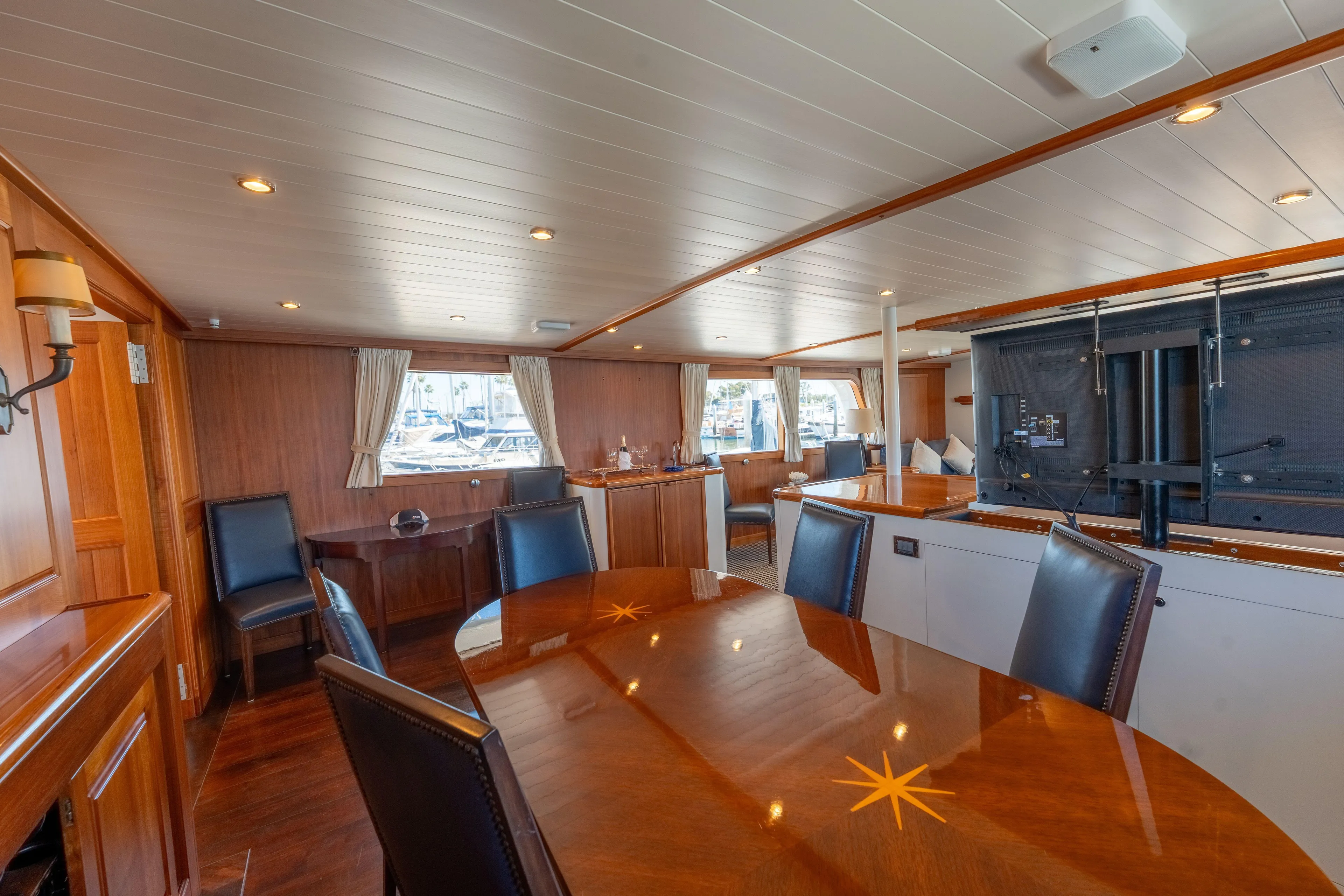 Luxurious 1969 Custom Hargrave yacht interior with elegant wood finishes and modern amenities.