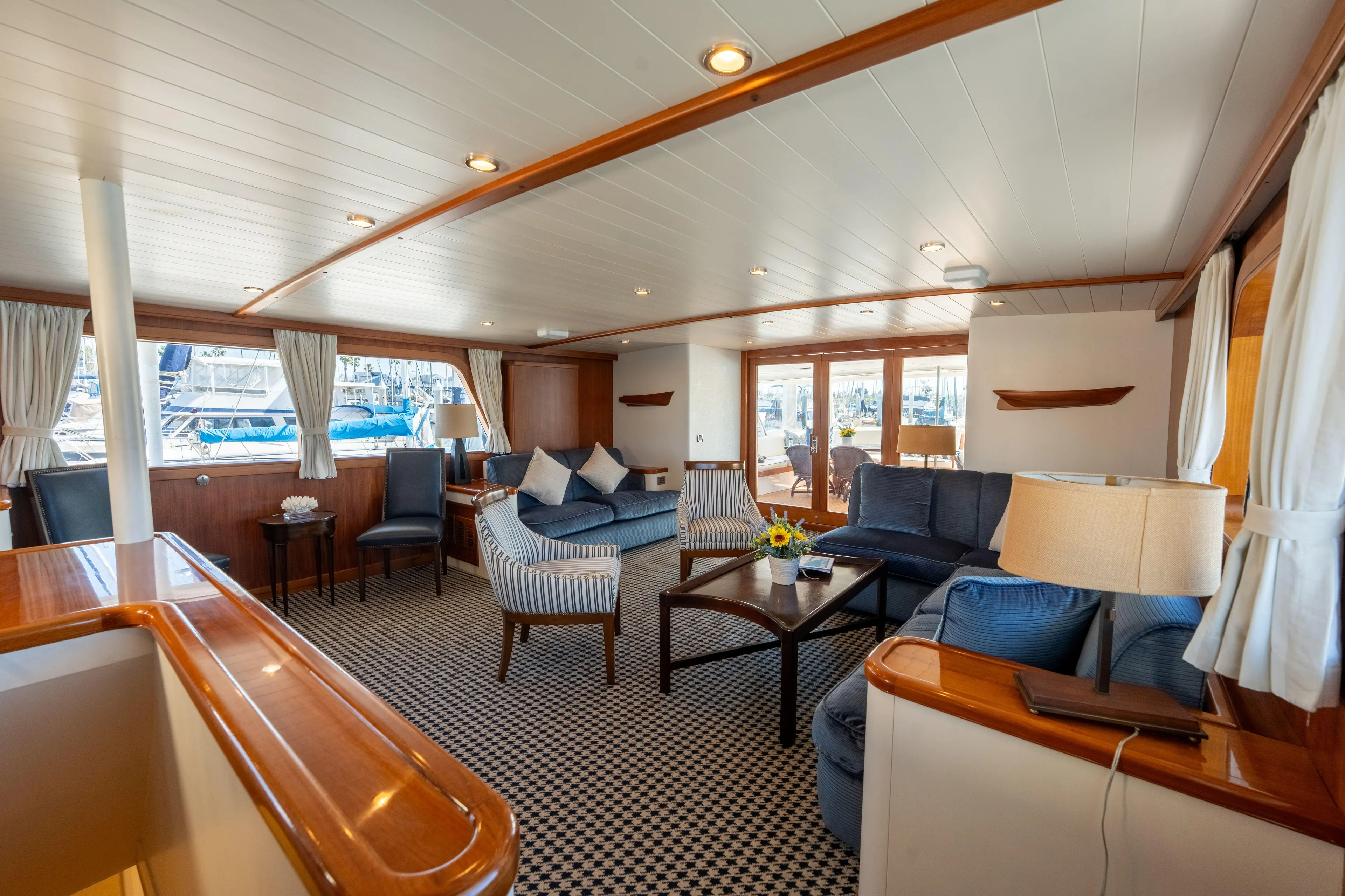 Luxurious 1969 Custom Hargrave yacht interior with elegant seating and nautical decor.