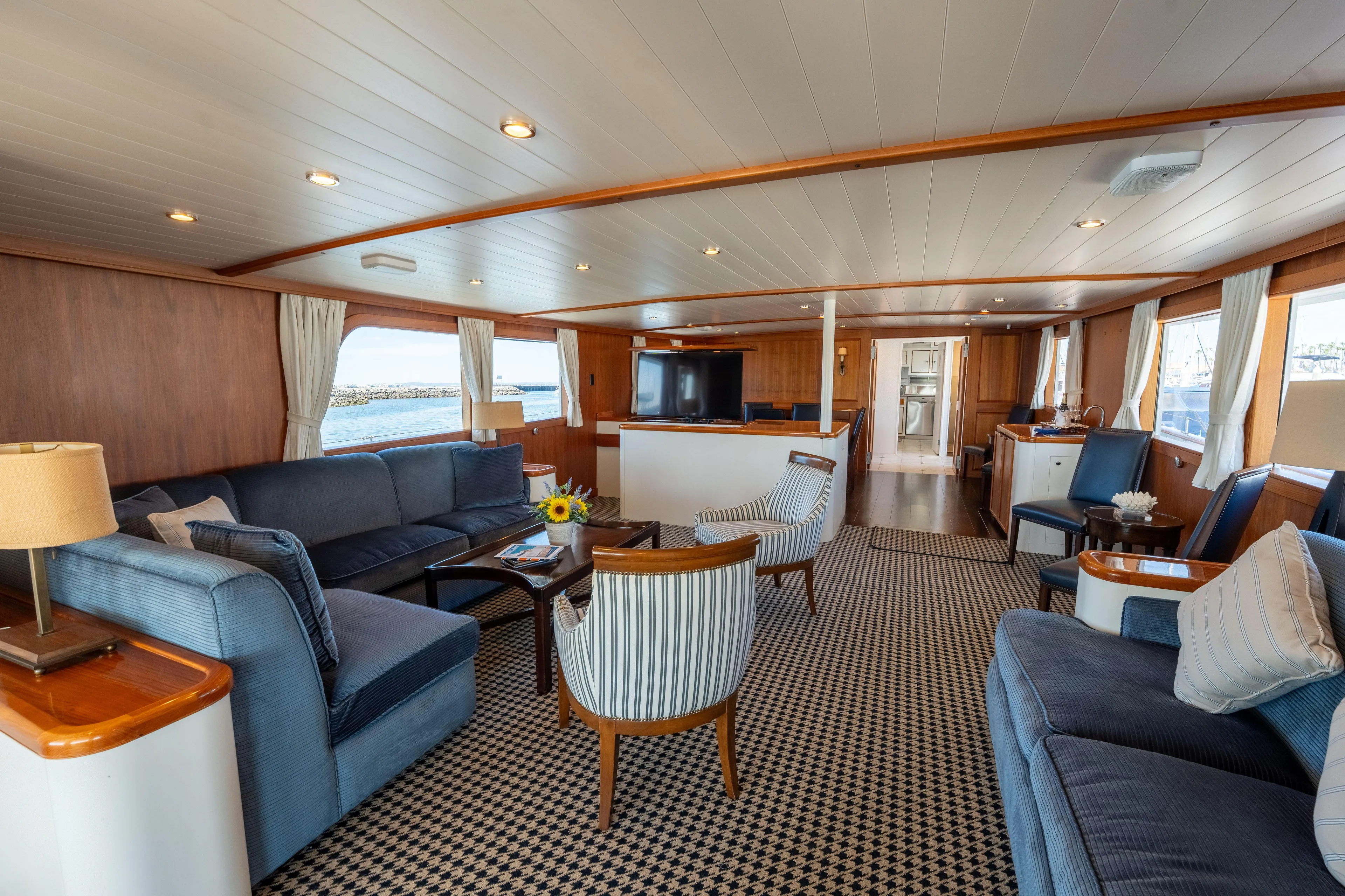 Luxurious 1969 Custom Hargrave yacht interior with elegant seating and ocean views.
