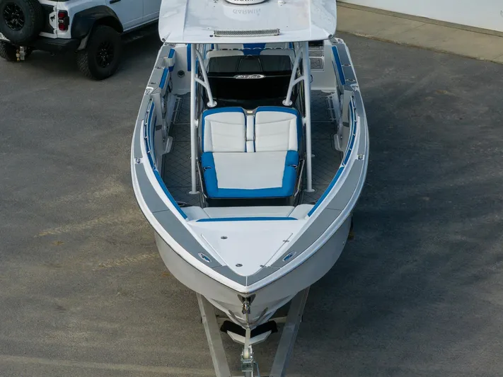  Yacht Photos Pics 2017 Nor-Tech 390 Sport Center Console boat, aerial view, parked on trailer.