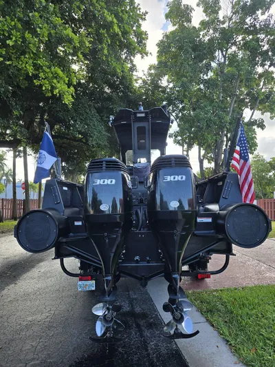 Dgs777 Yacht Photos Pics Rear view of 2022 DGS 777 Military Version boat with dual 300 horsepower engines.