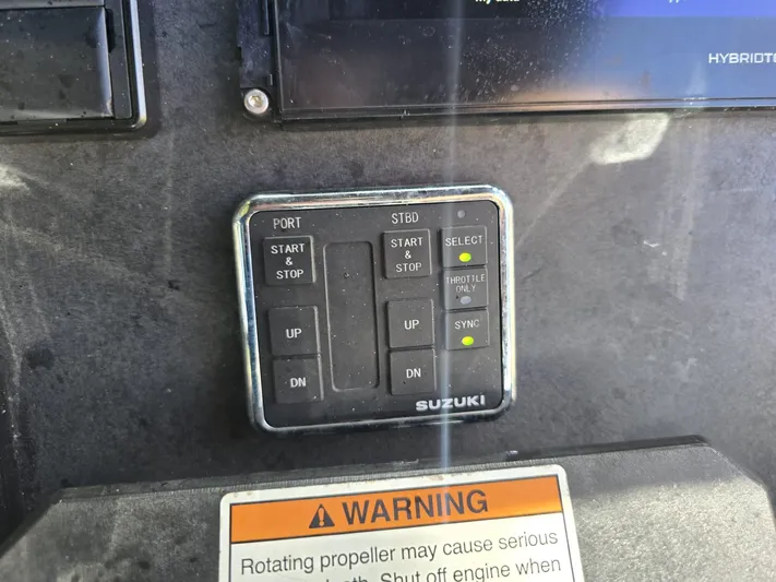 Dgs777 Yacht Photos Pics Control panel of a 2022 DGS 777 Military Version with warning label.