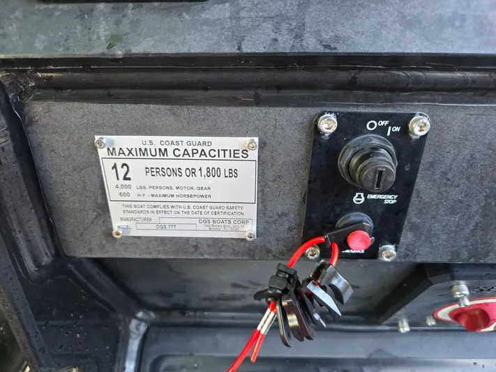 Dgs777 Yacht Photos Pics 2022 DGS 777 Military Version capacity plate and controls, showing U.S. Coast Guard compliance.
