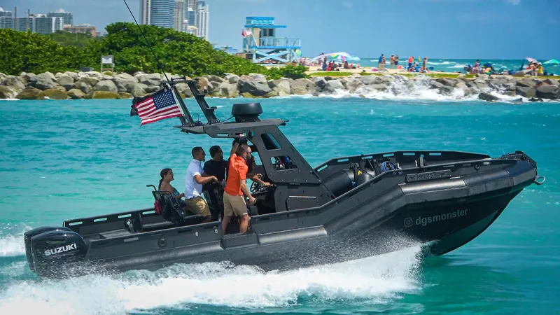 Dgs777 Yacht Photos Pics A DGS 777 Military Version boat cruising in turquoise waters, 2022 model.