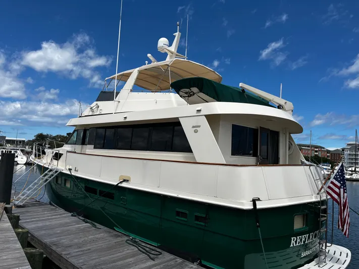 Reflections Yacht Photos Pics 1993 Hatteras 60 ED yacht docked under a clear blue sky.
