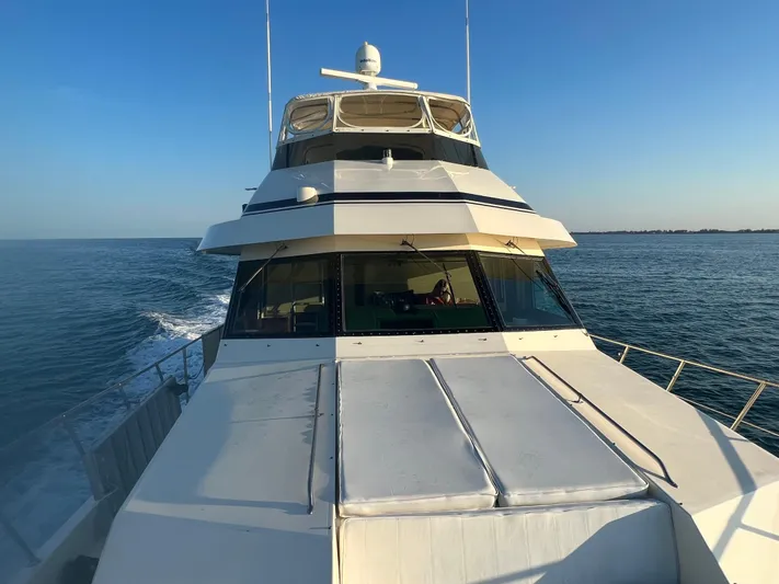 Reflections Yacht Photos Pics 1993 Hatteras 60 ED yacht cruising on open water under clear blue sky.