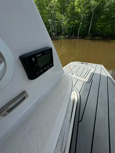 Mullin' It Over Again Yacht Photos Pics 2019 Regal 33 SAV boat with deck view, featuring a control panel, near a wooded riverbank.