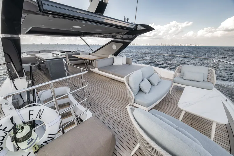 Dolce Far Niente Yacht Photos Pics Luxurious deck of Sunseeker 88 Yacht 2026 on open sea.