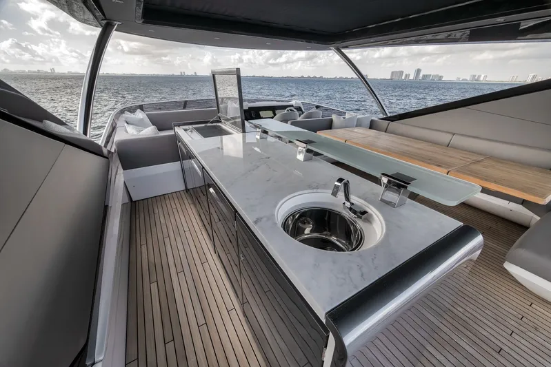 Dolce Far Niente Yacht Photos Pics Luxurious interior of the 2026 Sunseeker 88 Yacht on the water.
