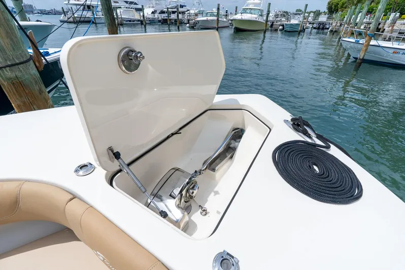Innisfree Yacht Photos Pics 2015 Scout 300 LXF boat anchor compartment open at marina.