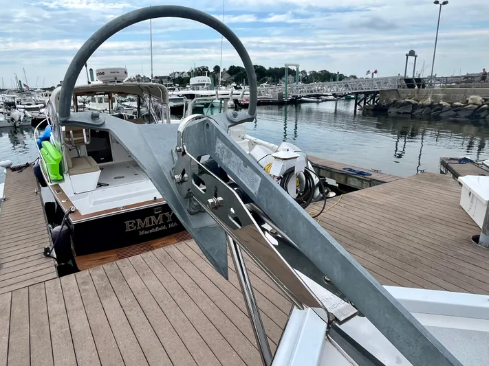 Veritas Yacht Photos Pics Wesmac 42 boat docked at marina, 2016 model, with visible anchor and deck.