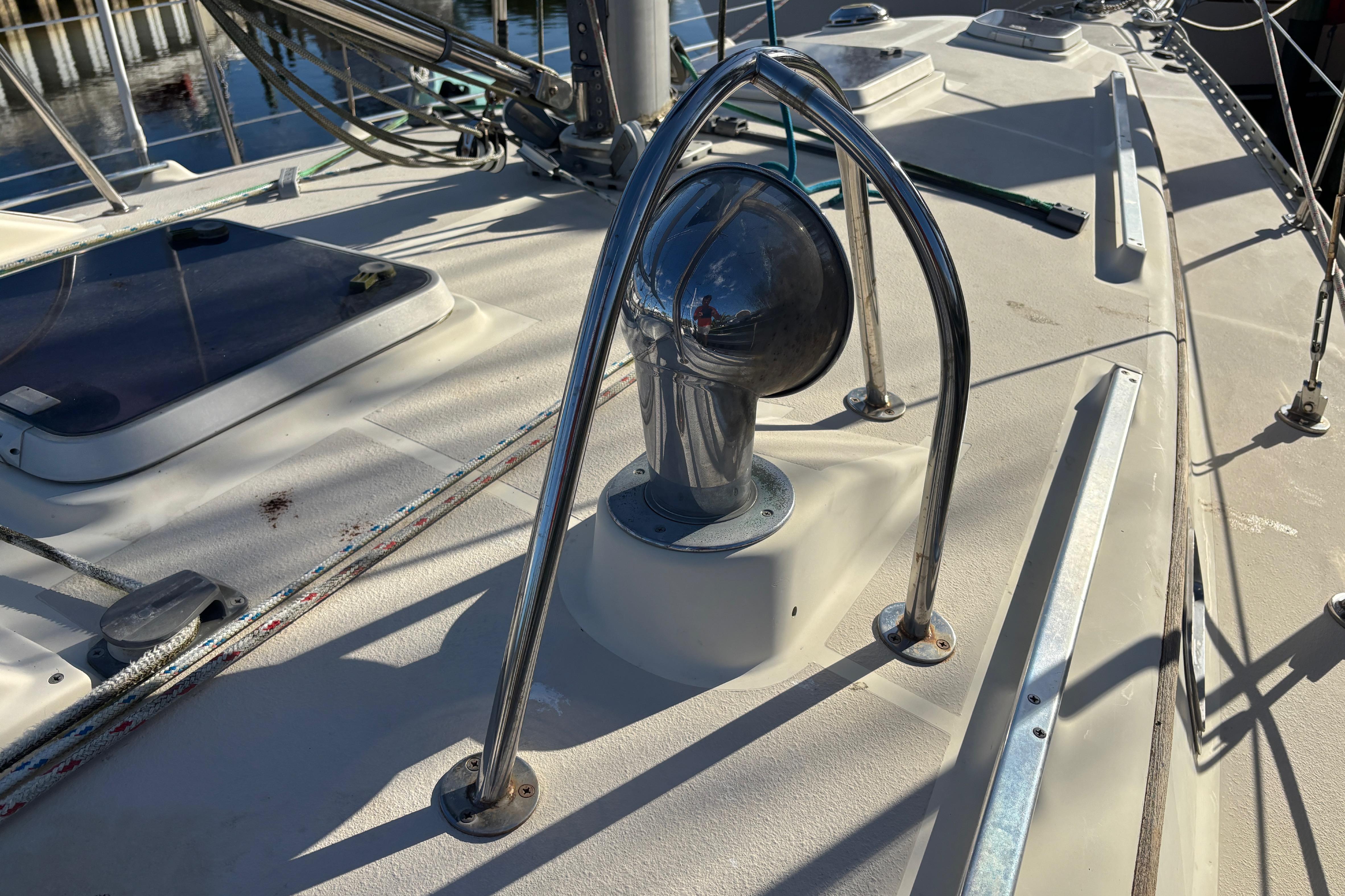 Deck of 1997 Caliber 40LRC sailboat with stainless steel fittings and ropes.