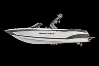 Manufacturer Provided Image: 2020 MasterCraft X26 boat, side view, white and black, on black background.