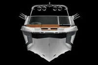 Manufacturer Provided Image: 2020 MasterCraft X26 boat, front view, sleek design, black background.