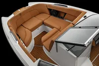 Manufacturer Provided Image: 2020 MasterCraft X26 boat interior with luxurious tan seating and teak flooring.