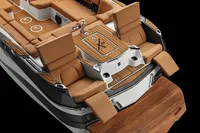 Manufacturer Provided Image: 2020 MasterCraft X26 boat interior with luxurious seating and teak flooring.