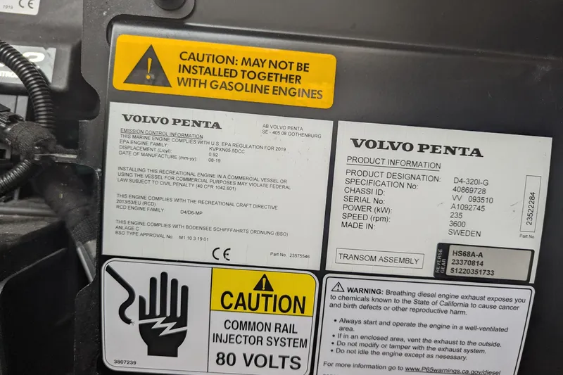 Lone Star Yacht Photos Pics Volvo Penta engine label with caution warnings on a 2020 Ranger Tugs R-31 S.