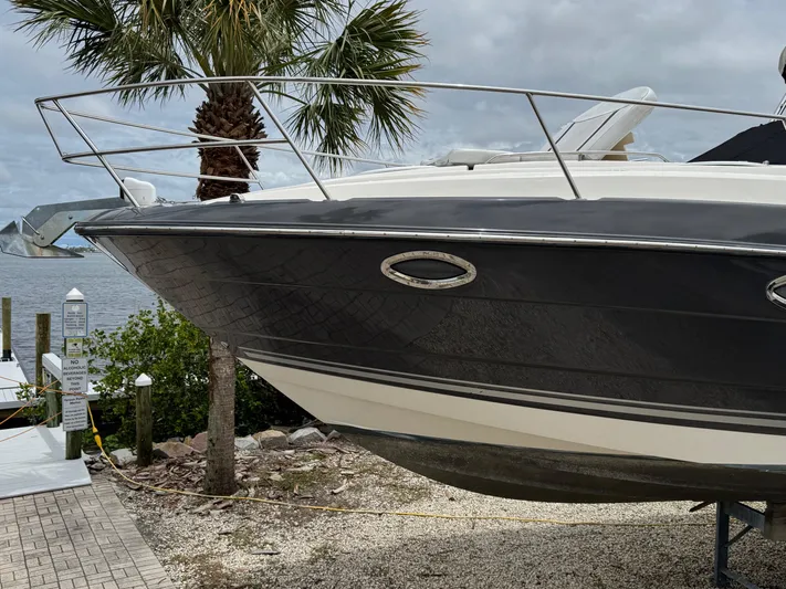  Yacht Photos Pics 2013 Monterey 320 Sport Yacht docked near palm tree and waterfront.