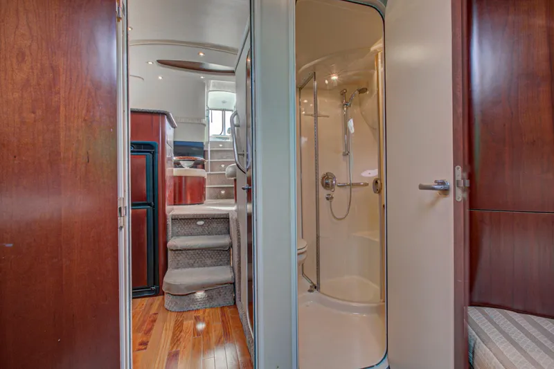 Bula Bula Yacht Photos Pics Interior of 2006 Sea Ray 40 Motor Yacht with shower and stairs to cabin.