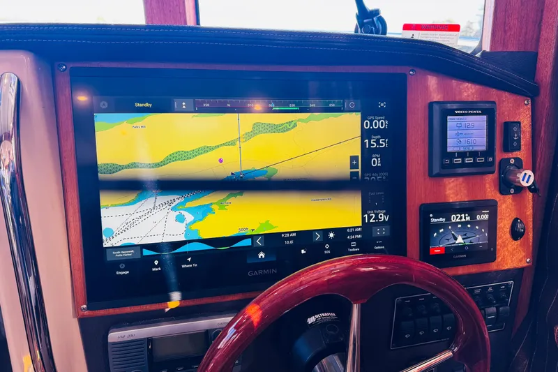 Walrus Yacht Photos Pics Dashboard of 2012 Ranger Tugs R-31 with Garmin navigation display and controls.