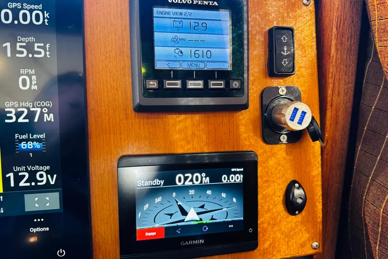 Walrus Yacht Photos Pics Control panel of a 2012 Ranger Tugs R-31 boat with digital displays and gauges.