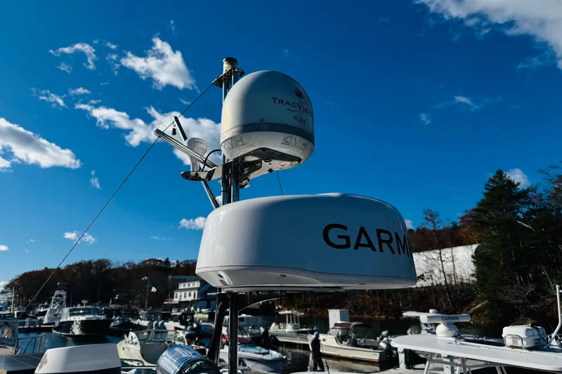 Walrus Yacht Photos Pics Radar equipment on a 2012 Ranger Tugs R-31 boat under a clear blue sky.
