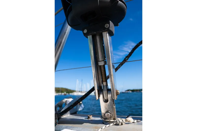  Yacht Photos Pics Close-up of a 2007 Lagoon 500 sailboat rigging against a clear blue sky.