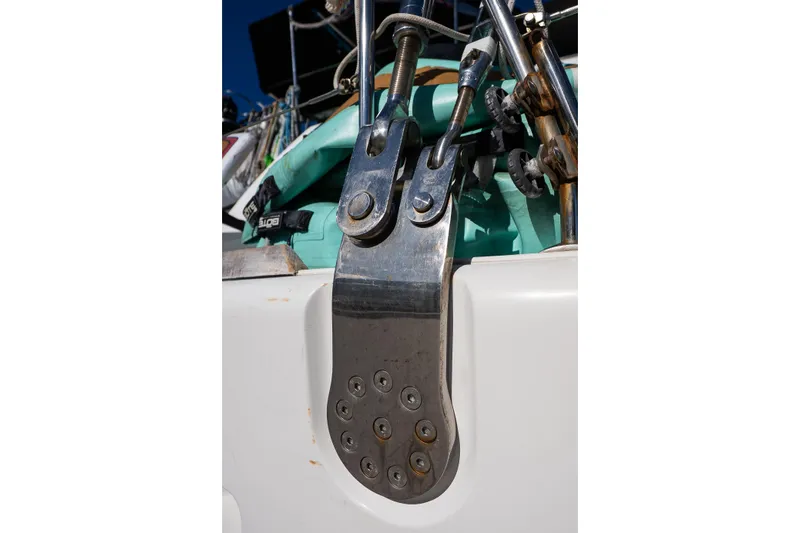  Yacht Photos Pics Close-up of a 2007 Lagoon 500 yacht's rigging and hardware components.