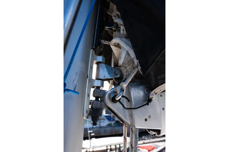  Yacht Photos Pics Close-up of a 2007 Lagoon 500 sailboat rigging and hardware components.