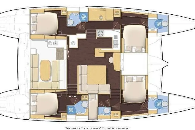  Yacht Photos Pics Floor plan of a 2007 Lagoon 500 catamaran with six cabins and bathrooms.