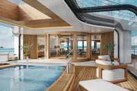 Luxurious yacht interior with pool, wooden accents, and ocean view, Custom Project Raptor 2028.