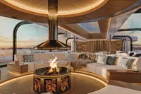 Luxurious yacht interior with modern fireplace, elegant seating, and ocean view at sunset, Project Raptor 2028.