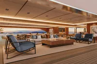 Luxurious yacht interior with modern seating, ambient lighting, and ocean view, Custom Project Raptor 2028.