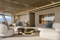 Luxurious modern yacht interior with plush seating, elegant fireplace, and ocean view, Project Raptor 2028.