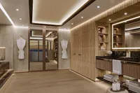 Luxurious modern bathroom with wood accents, ambient lighting, and elegant decor, Custom Project Raptor 2028.