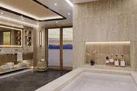 Luxurious modern bathroom with elegant lighting, large mirror, and scenic sunset view, Project Raptor 2028.
