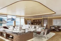 Luxurious yacht interior with modern design, featuring plush seating and ocean view, Project Raptor 2028.