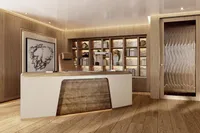Luxurious modern office with wooden decor, elegant desk, and bookshelf, Custom Project Raptor 2028 design.