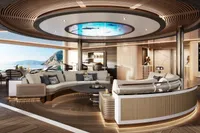 Luxurious yacht interior with modern design, featuring circular seating and ocean view, Project Raptor 2028.