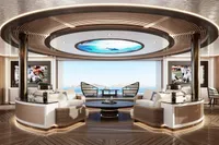 Luxurious yacht interior with modern design, featuring circular seating and ocean view, Project Raptor 2028.