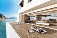 Luxurious yacht deck with diving gear, open lounge, and scenic ocean view. Custom Project Raptor 2028.