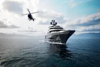 Luxury yacht "Project Raptor" 2028 with helicopter, cruising on open sea under cloudy sky.