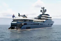 Luxurious 2028 Custom Project Raptor yacht with helicopter, sailing on open sea.