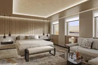 Luxurious modern bedroom with elegant decor, panoramic windows, and sophisticated lighting, Project Raptor 2028 design.